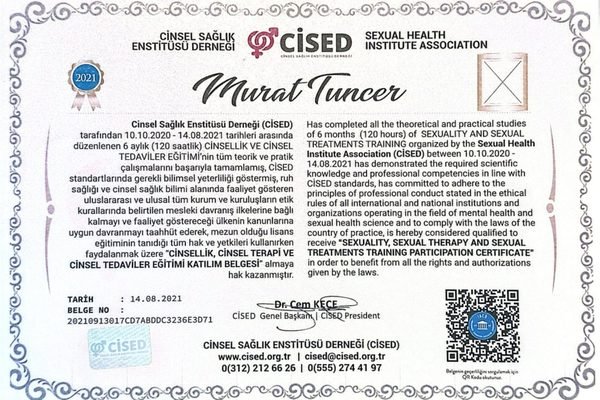 Murat Tuncer’in CİSED cinsellik ve cinsel tedaviler eğitimi katılım belgesi