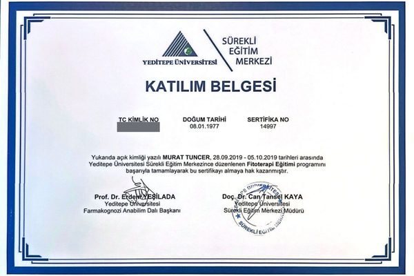 Murat Tuncer’in Yeditepe Üniversitesi fitoterapi eğitimi katılım belgesi