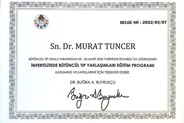 Murat Tuncer’in infertilitede bütüncül tıp yaklaşımları eğitim belgesi