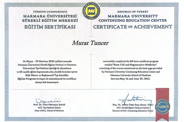 Murat Tuncer’in Marmara Üniversitesi kök hücre ve rejeneratif tıp sertifikası
