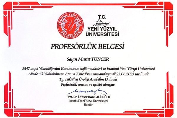Murat Tuncer’in İstanbul Yeni Yüzyıl Üniversitesi üroloji profesörlük belgesi