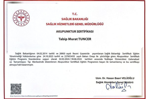 Murat Tuncer’in T.C. Sağlık Bakanlığı onaylı akupunktur sertifikası