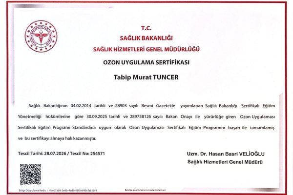 Murat Tuncer’in T.C. Sağlık Bakanlığı onaylı ozon uygulama sertifikası