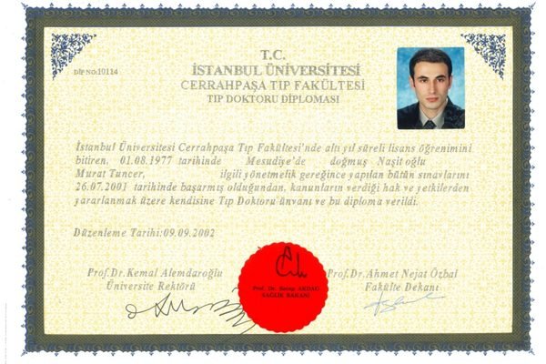 Murat Tuncer’in İstanbul Üniversitesi Cerrahpaşa Tıp Fakültesi tıp doktoru diploması