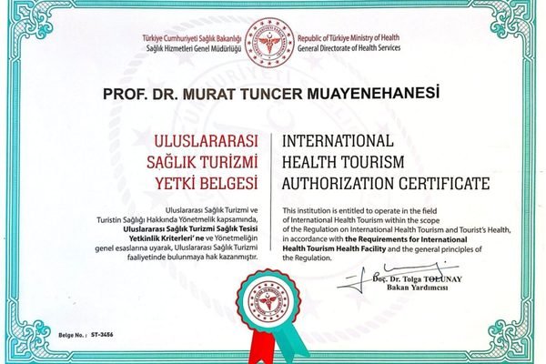 Prof. Dr. Murat Tuncer Muayenehanesi uluslararası sağlık turizmi yetki belgesi