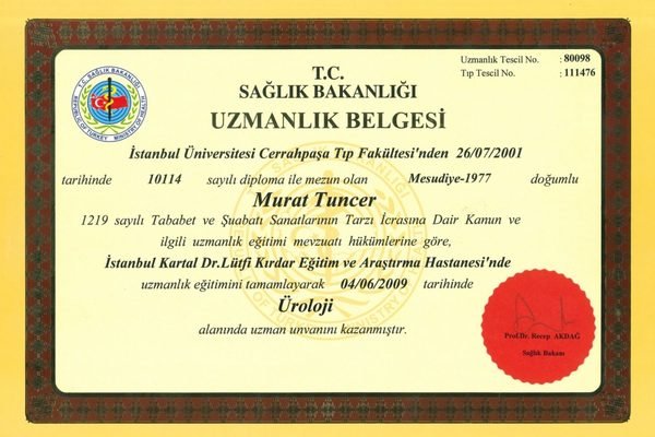 Murat Tuncer’in T.C. Sağlık Bakanlığı üroloji uzmanlık belgesi