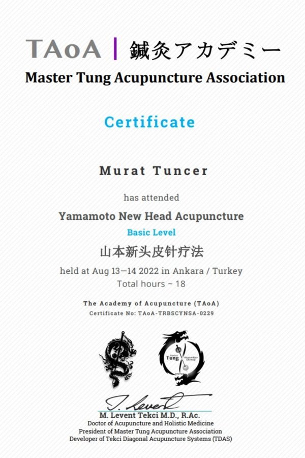 Murat Tuncer’in Yamamoto New Head Acupuncture basic level sertifikası