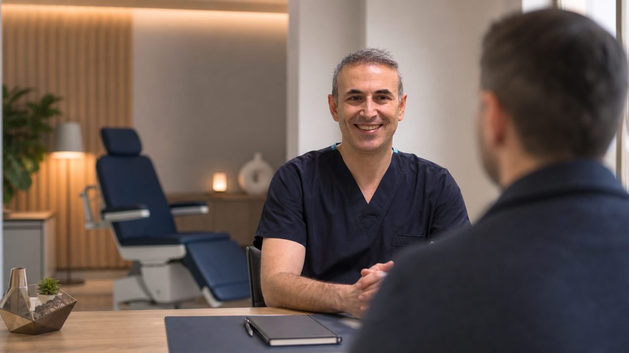 Hekimin akupunktur ve fitoterapi malzemelerini incelediği klinik ortamı