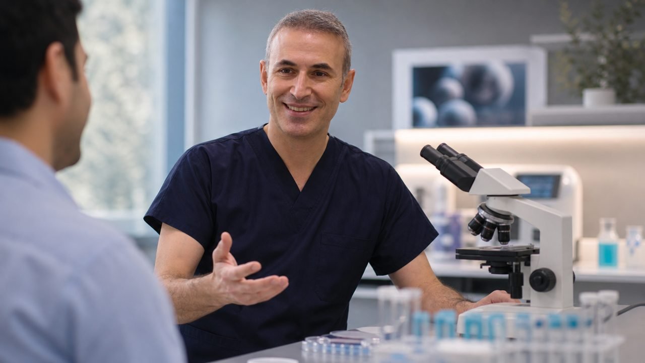 Hekimle konsültasyon yapan güvenli duruşlu bir erkek hasta, modern klinik ofisi