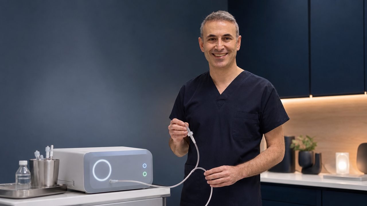Hekim elinin modern ozon terapi cihazını ayarladığı klinik tedavi odası